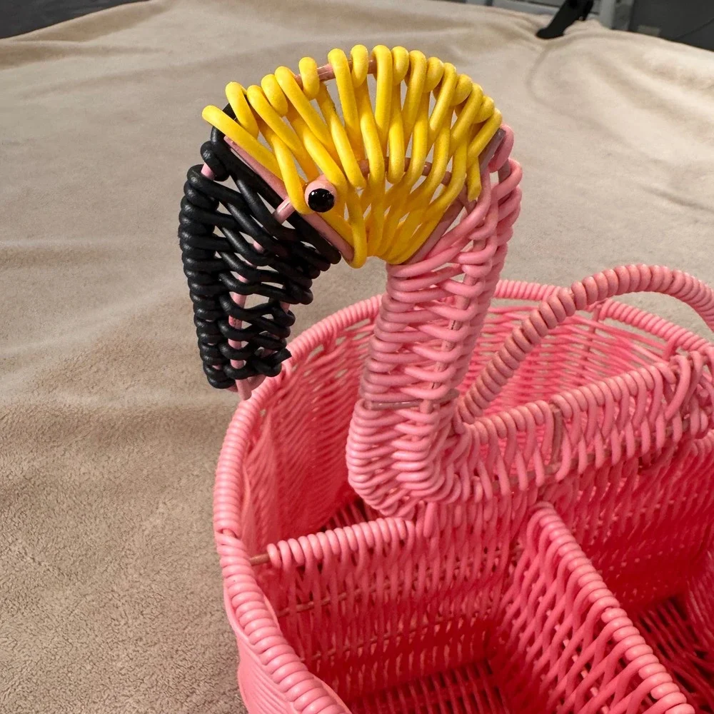Tropical Pink Flamingo Wicker Basket Caddy Utensil Holder Organizer BBQ Kitchen